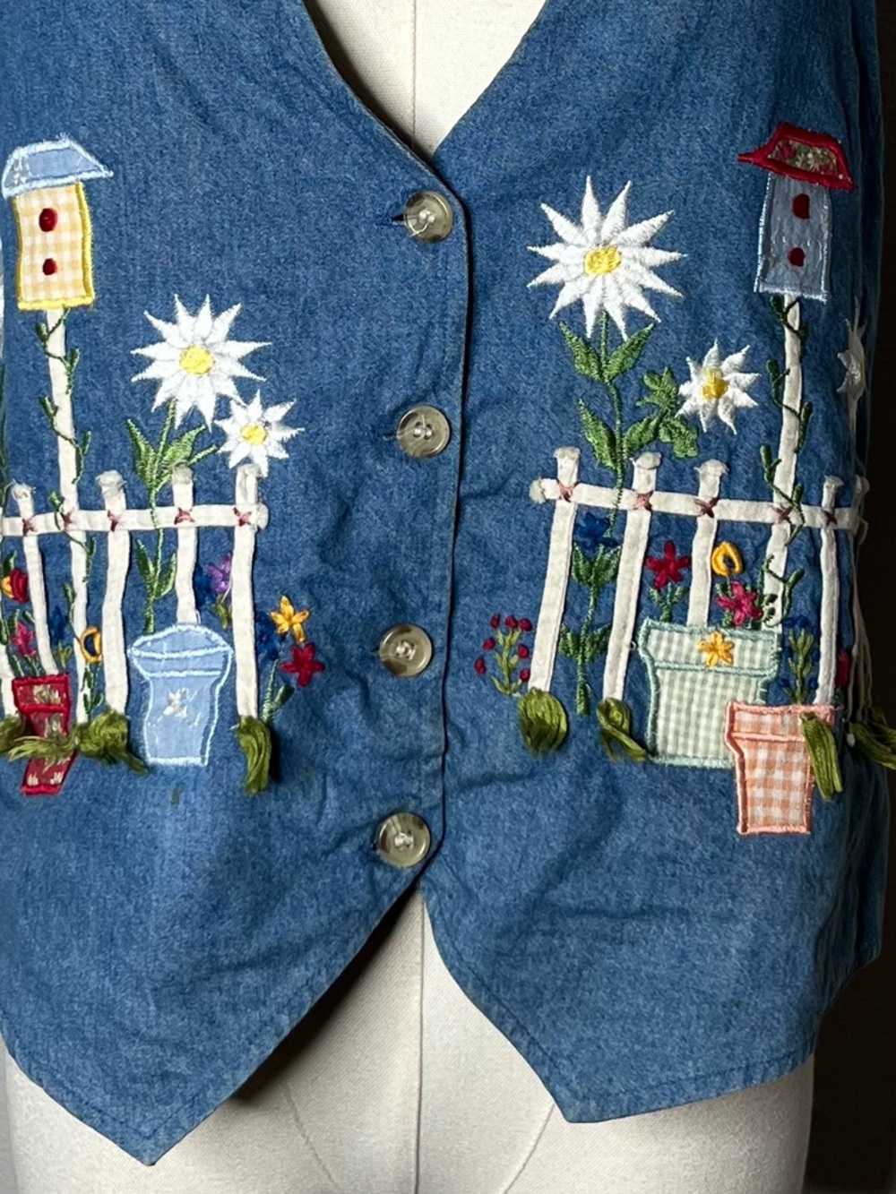 90s Vintage Garden Embroidered Denim Button Front Vest Artsy Boho Cottagecore - Picture 3 of 9